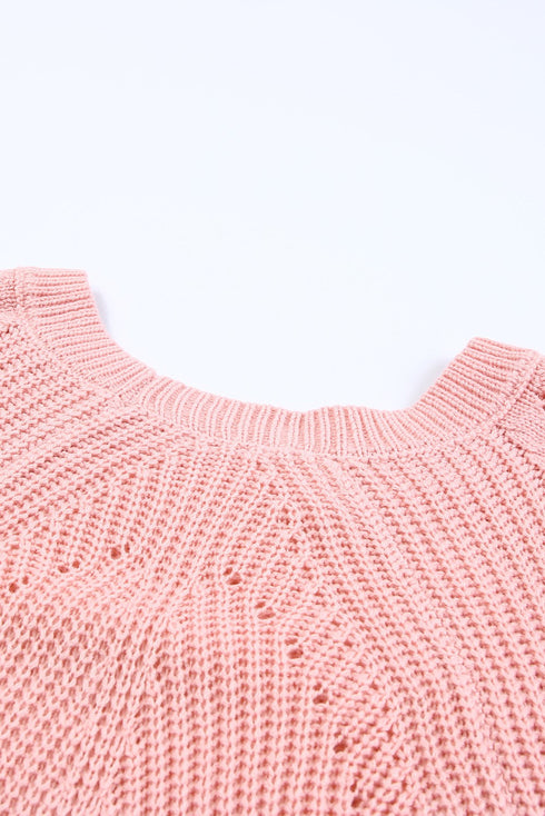 Hollow-Out Puffy Sleeve Drop Shoulder Round Neck Knit Pullover Sweater